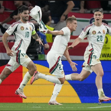 Pemain Hungaria Kevin Csoboth merayakan gol ke gawang Skotlandia di Euro 2024