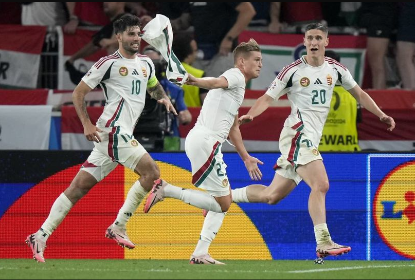 Pemain Hungaria Kevin Csoboth merayakan gol ke gawang Skotlandia di Euro 2024